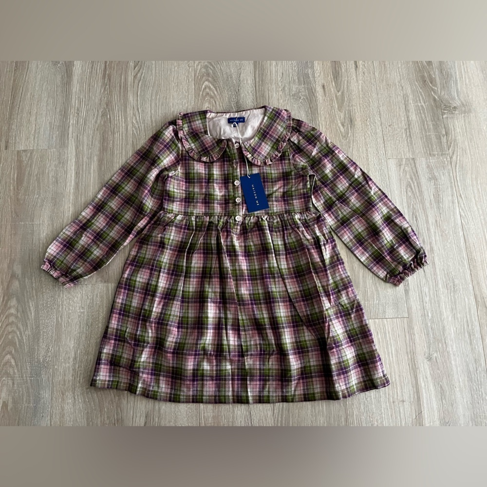 NWT Maison Me Girls Purple, Pink, and Green Plaid Flannel Dress - Size 8